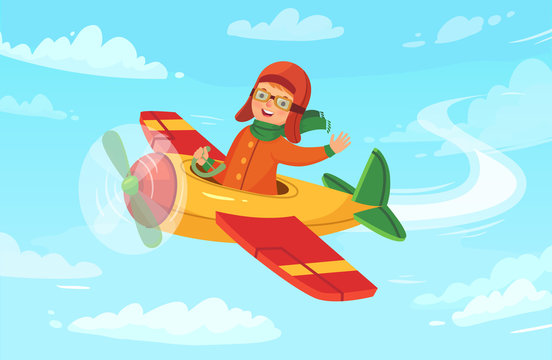 Cartoon kid pilot. Children aviator flying in airplane, little boy avia trip and airplane flight in sky. Kid character in plane, aircraft transportation game vector illustration