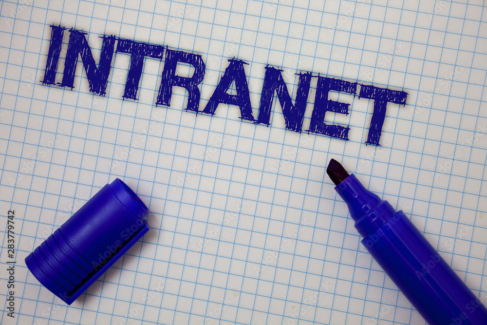 Aufkleber Handwriting text Intranet. Concept meaning Private network of a company Interlinked local area networks Squared notebook page ideas messages blue open marker grid background