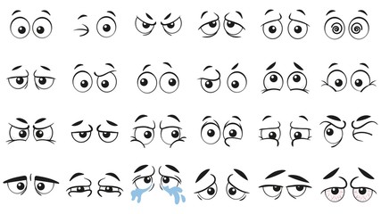 Funny cartoon eyes. Human eye, angry and happy facial eyes expressions. Comic facial character caricature, human eye emotions doodle. Isolated vector illustration icons set