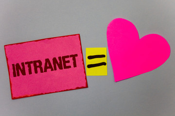 Text sign showing Intranet. Conceptual photo Private network of a company Interlinked local area networks Paper Heart equal sign gray background intentions love lovely messages