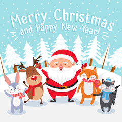 Merry Christmas cartoon greeting card. Happy xmas pets, Santa present gifts and winter holiday presents. 2020 New Year greeteng postcard, snow holiday scene vector illustration