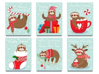 Merry Christmas lazy sloth. Happy New Year cute lazybones, xmas laziness and winter holidays greeting card. 2020 party invitation postcard, sloth character poster vector illustration © Tartila