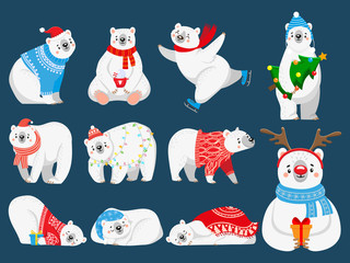 Christmas polar bears. Arctic bear with New Year gifts, happy snow animal in Merry Christmas sweater. 2020 bears mascot character, Xmas cartoon vector illustration set