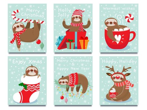 Merry Christmas lazy sloth. Happy New Year cute lazybones, xmas laziness and winter holidays greeting card. 2020 party invitation postcard, sloth character poster vector illustration