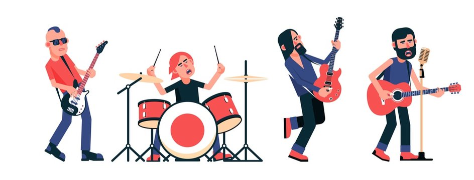 Rock band musicians with instruments in different poses. Vector isolated illustration.