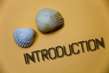 Handwriting text writing Introduction. Concept meaning First part of a document Formal presentation to an audience Grunge ideas messages shells light brown background beach memories thoughts