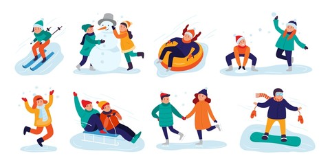 Winter kids activities. Snow games, smiling little girls and boys in winters clothes fun outdoors. Christmas holidays activity, making snowman or skiing. Isolated vector illustration icons set