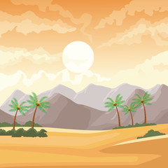 Desertscape scenery with palms and mountains