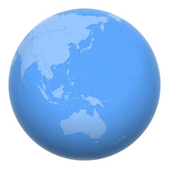 Palau on the globe. Earth centered at the location of the Republic of Palau. Map of Palau. Includes layer with capital cities.