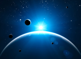  Exploration of new worlds, space and universe, new galaxies. Planets in backlight. Solar system