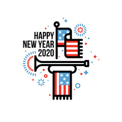 Happy New Year 2020 greeting card with American flag and bugle. Patriotic vector illustration in line art style for holiday calendar, greeting card, flyer or banner