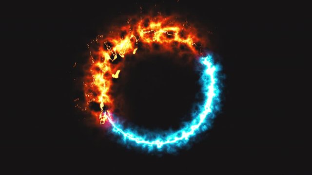 Bright dymanic fire and ice ring in space, this is opposite symbol, 3d rendering, computer generated background