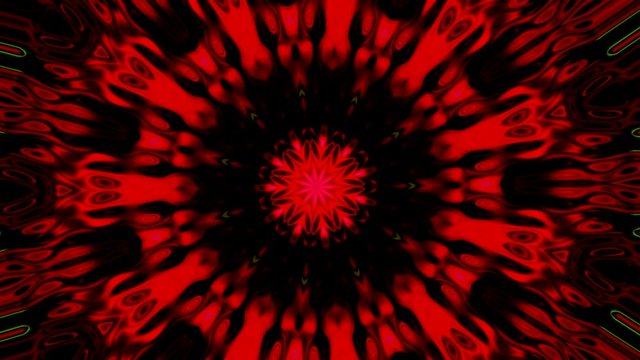 forma de mandala girando y cambiando formas y video con formas de estrellas y ángulos que se abren en las figuras formadas con caleidoscopio con movimiento en rojo y negro