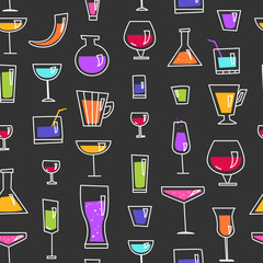 Seamless pattern with alcohol. Glasses with strong drink.  Dark background