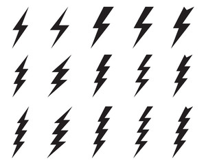 Black icons of thunder and flash lighting on a white background