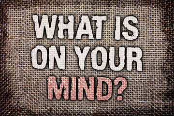 Writing note showing What Is On Your Mind Question. Business photo showcasing Open minded thinks of intellectual innovation Antique jute background message vintage reflections thoughts feelings