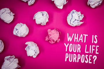 Conceptual hand writing showing What Is Your Life Purpose Question. Business photo text Personal Determination Aims Achieve Goal Ideas pink background crumpled papers trial mistakes several tries