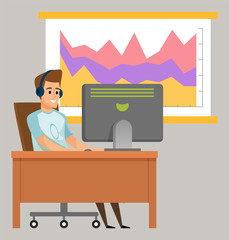 Worker character using computer, diagram report and monitor. Portrait view of smiling male wearing headset and casual clothes working with pc, hobby vector