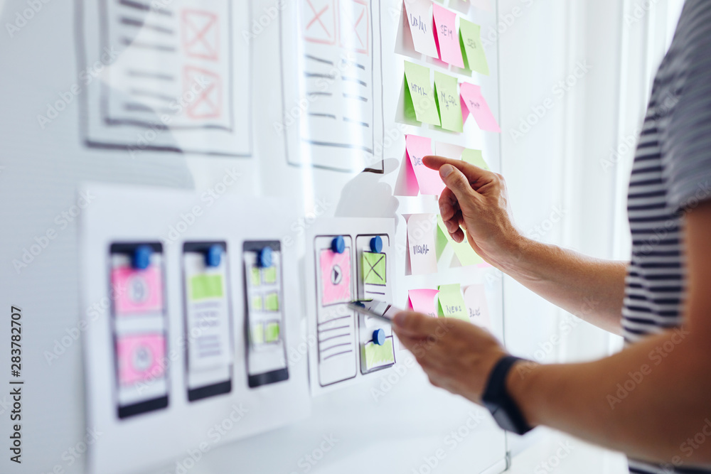 Wall mural web developer planning application for mobile phone on whiteboard