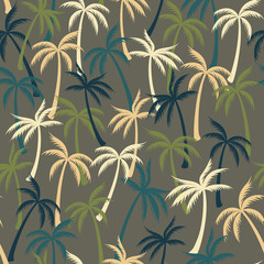 Coconut palm tree pattern textile seamless tropical forest background. Flat vector fabric repeating pattern.