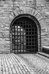 Door to a Romanesque and gothic building in NYC