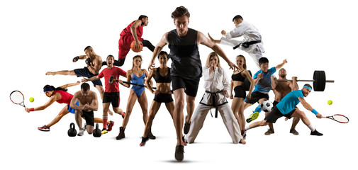 Sport collage. Running, soccer, fitness, bodybuilding, tennis, fighter and basketball players