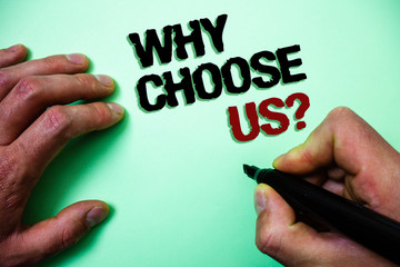 Word writing text Why Choose Us Question. Business concept for reasons that you are best showing possibilities Green background grey shadow important thoughts temple message idea
