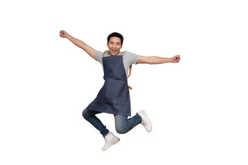 Startup successful small business owner man sme jumping isolated on white background, Asian man barista cafe local owner of coffee shop restaurant