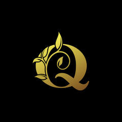 Q Gold Letter Logo With Luxury Floral Design. Vintage Q drawn letter mark for book design, brand name, business card, Restaurant, Boutique, Hotel.  