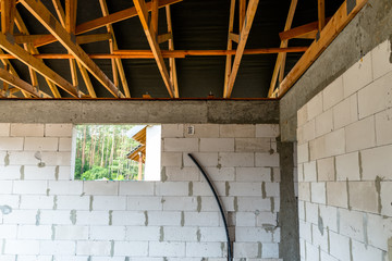 Roof trusses covered with a membrane on a detached house under construction, visible roof elements, battens, counter battens, rafters.