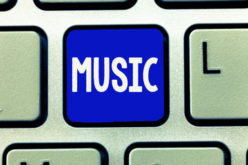 Writing note showing Music. Business photo showcasing vocal or instrumental sounds in such way to produce beauty form.