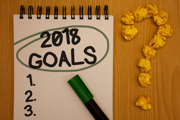 Fototapeta premium Writing note showing 2018 Goals 1. 2. 3.. Business photo showcasing Resolution Organize Beginnings Future Plans Notepad rotund black words green pen woody desk balls form query mark