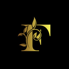 F Gold Letter Logo With Luxury Floral Design. Vintage F drawn letter mark for book design, brand name, business card, Restaurant, Boutique, Hotel.  