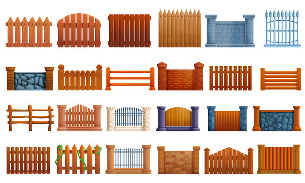 Fence icons set. Cartoon set of fence vector icons for web design
