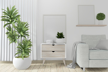 Idea of mock up poster frame room with cabinet wooden japanese style and armchair on wooden floor .3D rendering