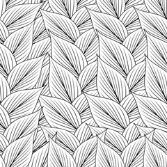 Seamless pattern with contour lines of tropical leaves on a white background.