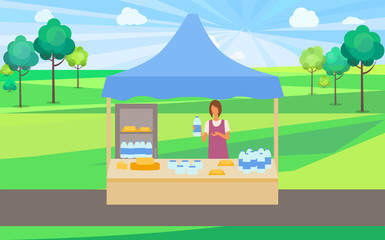 Obraz na płótnie Canvas Store in park summer fair with organic production sale vector, salesperson selling milk and cheese. Fridge with dairy products, park with trees and lawn