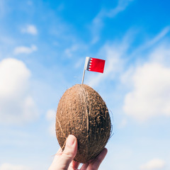 Tropical coconut with Bahrain flag in the form of a toothpick in female hands.  Travel concept