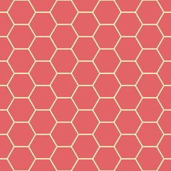 Vibrant coral red and yellow honeycomb design. Seamless vector pattern. Great for wellbeing, spa, health products, stationery, giftwrap, home decor