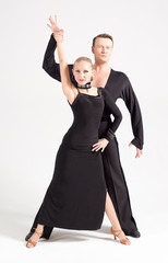 ballroom dancing black dress white background, rumba