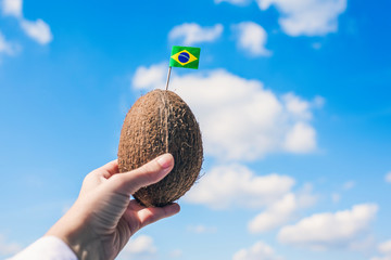 Tropical coconut with the Brazilian flag in the form of a toothpick in female hands. Travel concept.