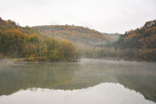 Moody lake in the fog, surrounded by colorful forests. Wood in autumn. Lake in Europe, Slovenia, Koper, Vanganel. Vanganelsko jezero.