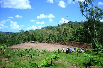 Obraz premium Group of farmers walking down the side of a mountain. Coffee and Plantain farm in Puerto Rico. Puerto Rican agriculture and farming. Anonymous farmers walking around a plantation. 