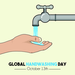 Global Handwashing Day with Right hand cartoon vector, handwashing with water from faucet