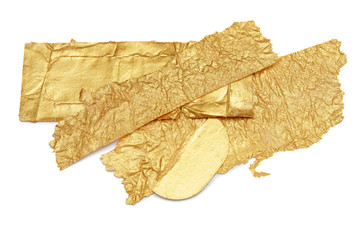Torn piece of edge Gold (bronze) color paper on white background.