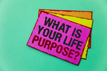 Writing note showing What Is Your Life Purpose Question. Business photo showcasing Personal Determination Aims Achieve Goal Ideas message communicate feelings thought reflection green background