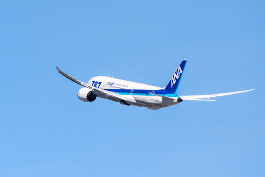 January 31, 2018 San Jose / CA / USA - ANA aircraft taking off from San Jose International Airport, Silicon Valley; All Nippon Airways Co., Ltd., also known as Zennikk? is the biggest Japanese airline