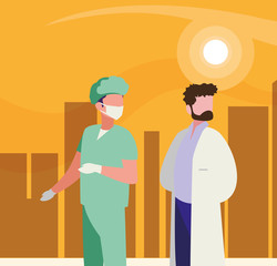 couple of professional workers in cityscape at sunset