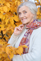 Portrait of happy senior woman in autumn park