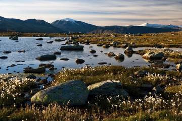 Landscape with lake and mountains, sunset, Norway